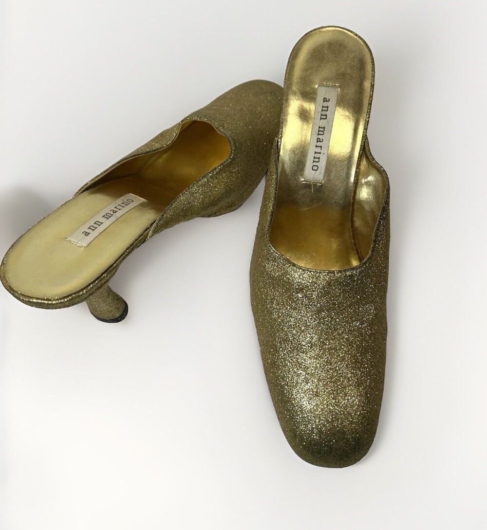 Ann Marino Gold Sparkle Almond Toe Block Heel Shoes Womens 10 - Picture 10 of 11